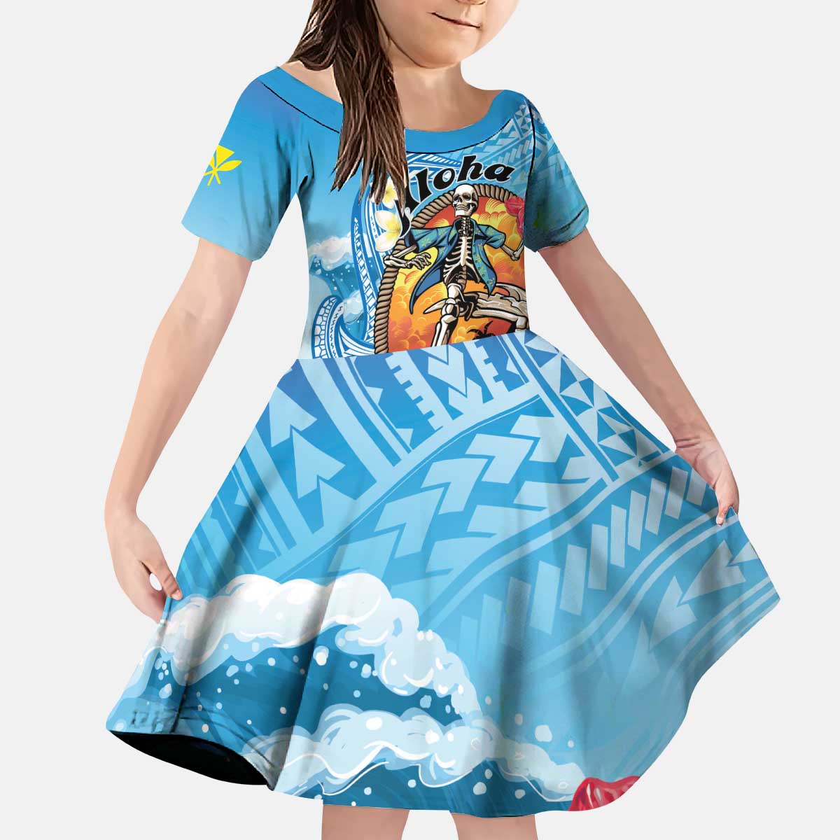 Personalized Aloha Hawaii Skeleton Surfing Kid Short Sleeve Dress Tribal Shark Plumeria