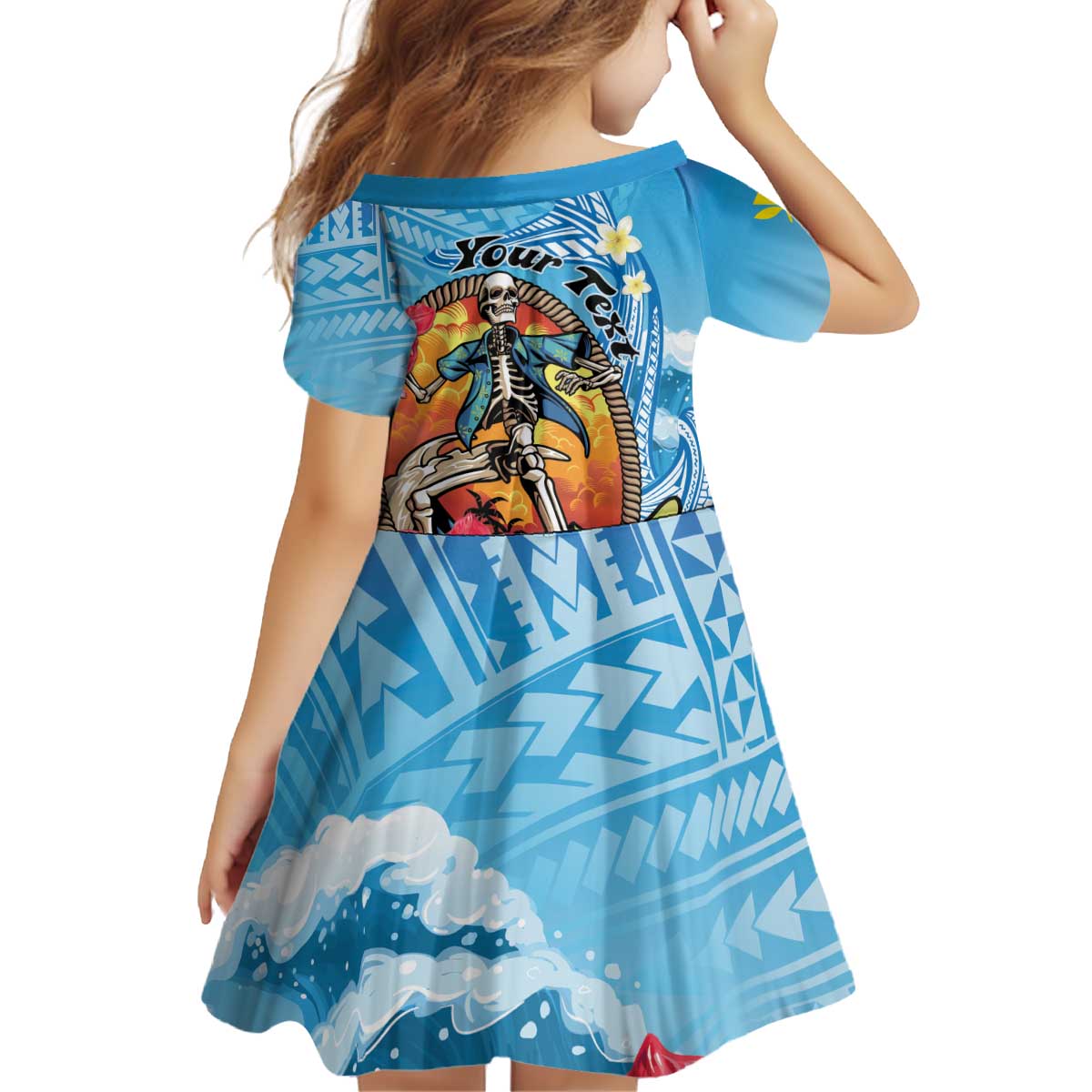 Personalized Aloha Hawaii Skeleton Surfing Kid Short Sleeve Dress Tribal Shark Plumeria