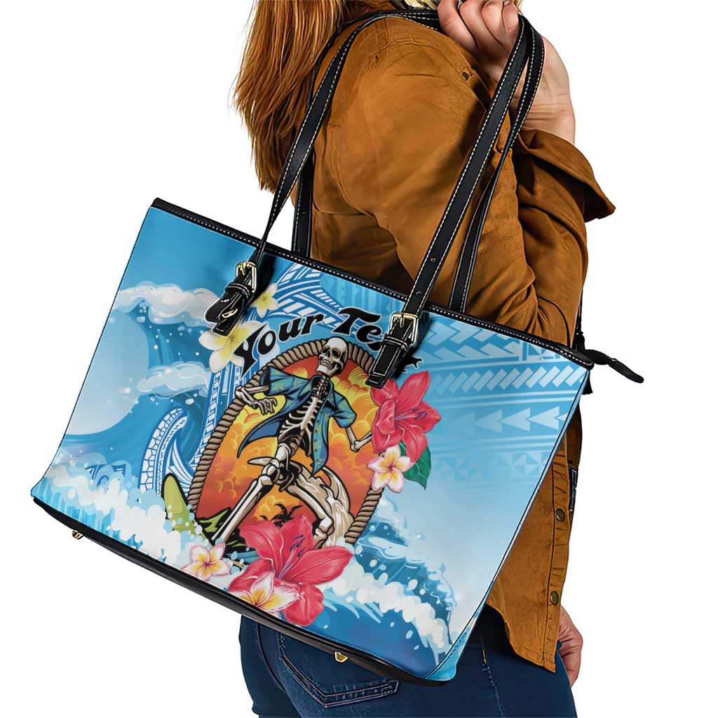 Personalized Aloha Hawaii Skeleton Surfing Leather Tote Bag Tribal Shark Plumeria