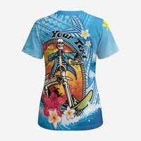 Personalized Aloha Hawaii Skeleton Surfing Scrub Top Tribal Shark Plumeria - Polynesian Pride