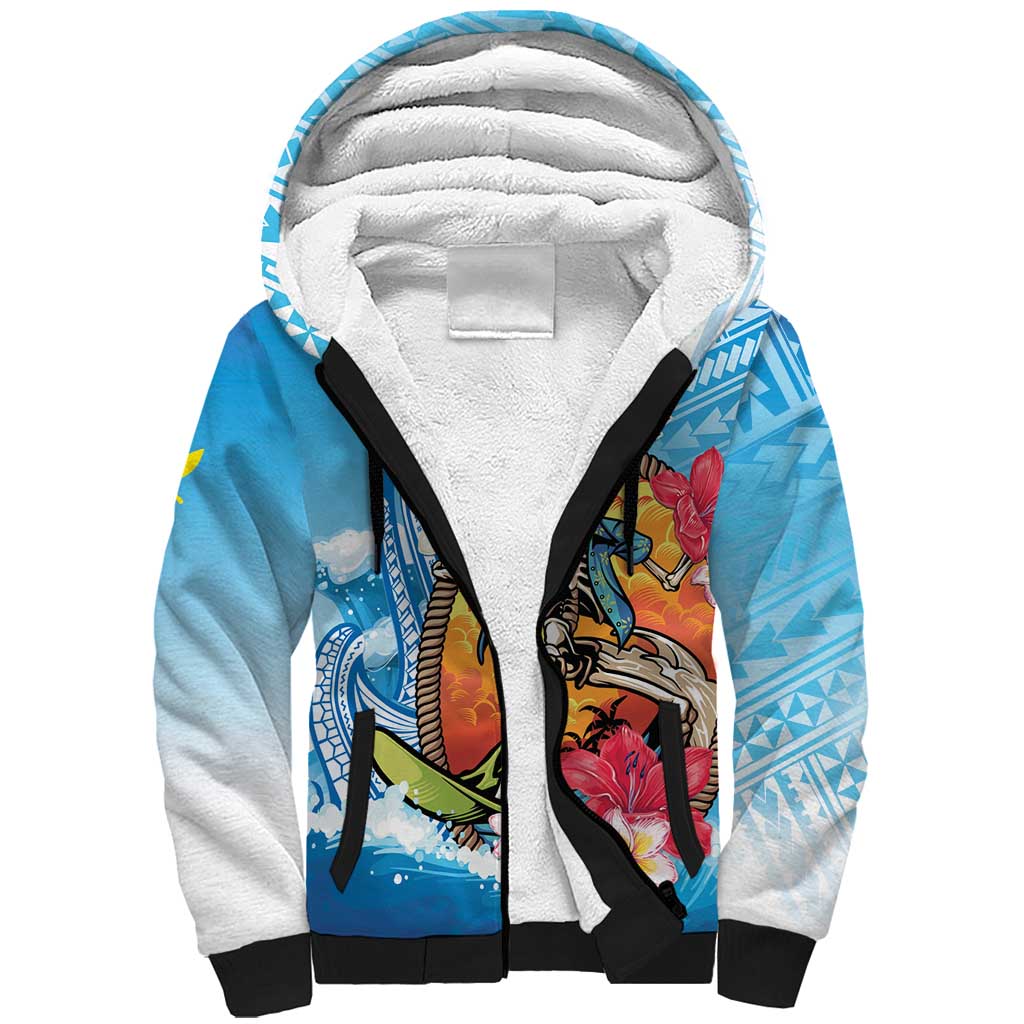 Personalized Aloha Hawaii Skeleton Surfing Sherpa Hoodie Tribal Shark Plumeria