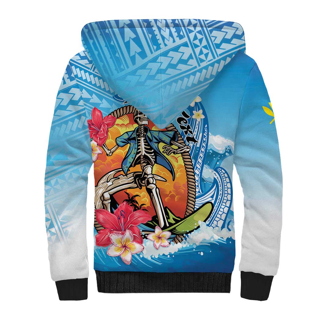 Personalized Aloha Hawaii Skeleton Surfing Sherpa Hoodie Tribal Shark Plumeria