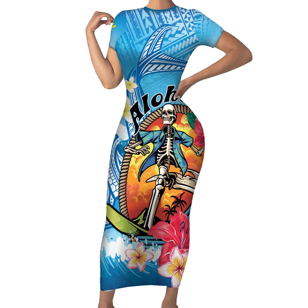 Personalized Aloha Hawaii Skeleton Surfing Short Sleeve Bodycon Dress Tribal Shark Plumeria