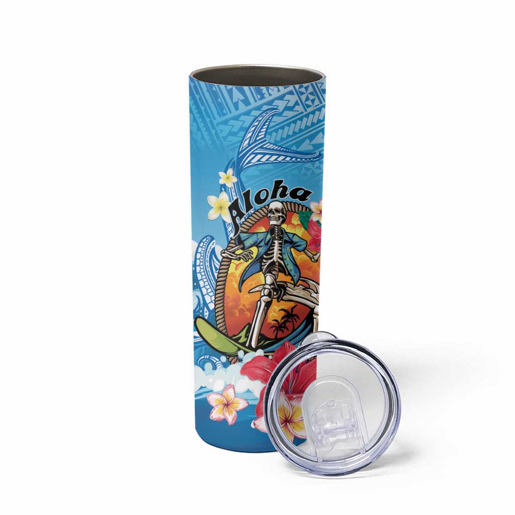 Personalized Aloha Hawaii Skeleton Surfing Skinny Tumbler Tribal Shark Plumeria