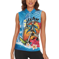 Personalized Aloha Hawaii Skeleton Surfing Women Sleeveless Polo Shirt Tribal Shark Plumeria