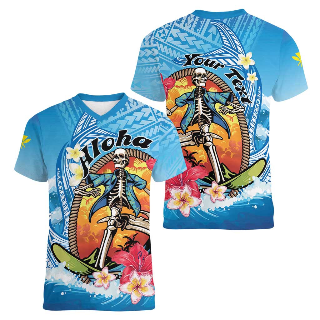 Personalized Aloha Hawaii Skeleton Surfing Women V-Neck T-Shirt Tribal Shark Plumeria