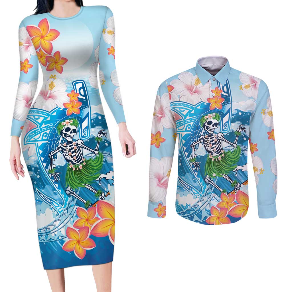 Personalized Hawaii Hula Girl Skeleton Dancing Couples Matching Long Sleeve Bodycon Dress and Long Sleeve Button Shirt Hibiscus Tribal Shark LT01 Blue - Polynesian Pride