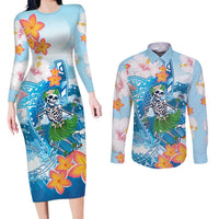 Personalized Hawaii Hula Girl Skeleton Dancing Couples Matching Long Sleeve Bodycon Dress and Long Sleeve Button Shirt Hibiscus Tribal Shark LT01 Blue - Polynesian Pride