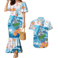 Personalized Hawaii Hula Girl Skeleton Dancing Couples Matching Mermaid Dress and Hawaiian Shirt Hibiscus Tribal Shark LT01 Blue - Polynesian Pride
