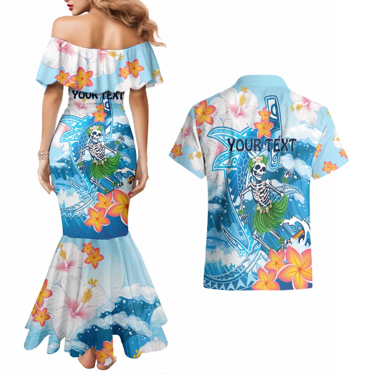 Personalized Hawaii Hula Girl Skeleton Dancing Couples Matching Mermaid Dress and Hawaiian Shirt Hibiscus Tribal Shark LT01 - Polynesian Pride