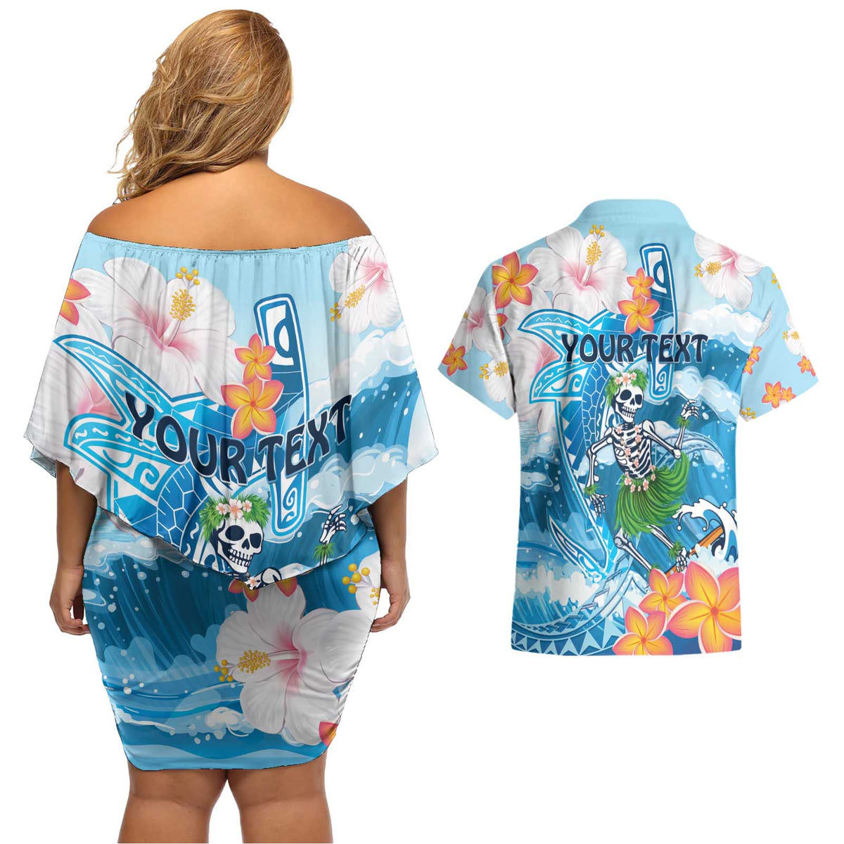 Personalized Hawaii Hula Girl Skeleton Dancing Couples Matching Off Shoulder Short Dress and Hawaiian Shirt Hibiscus Tribal Shark LT01 - Polynesian Pride