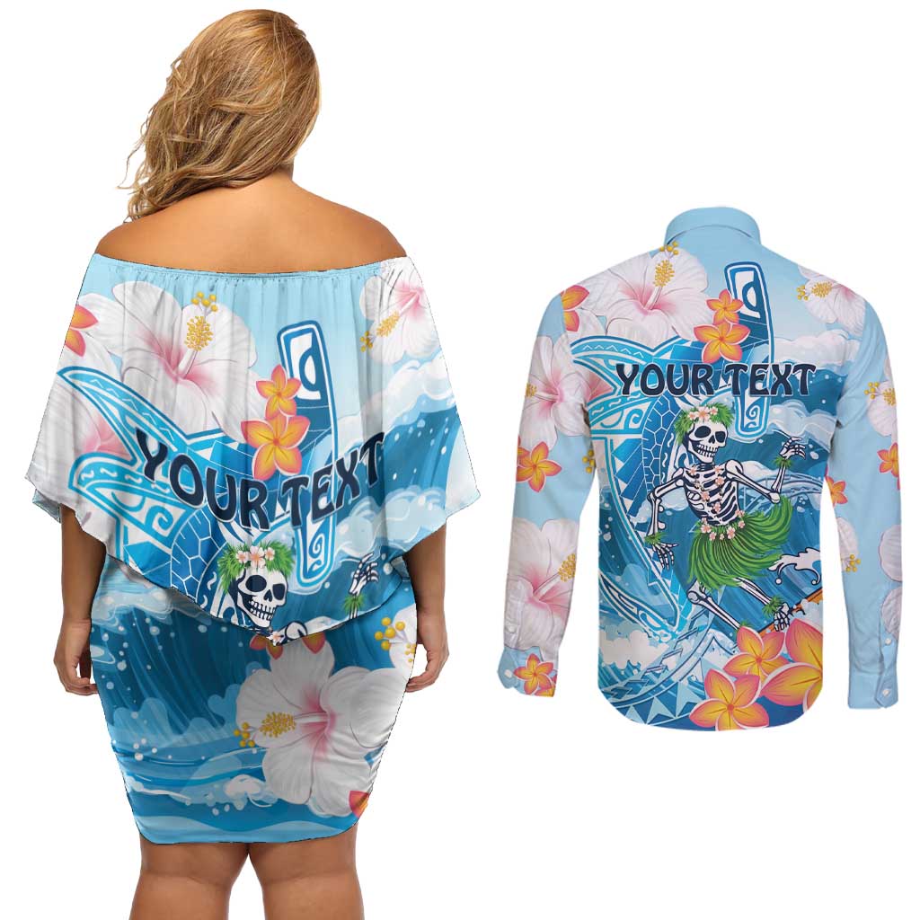 Personalized Hawaii Hula Girl Skeleton Dancing Couples Matching Off Shoulder Short Dress and Long Sleeve Button Shirt Hibiscus Tribal Shark LT01 - Polynesian Pride