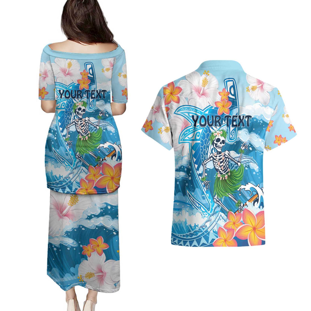 Personalized Hawaii Hula Girl Skeleton Dancing Couples Matching Puletasi and Hawaiian Shirt Hibiscus Tribal Shark LT01 - Polynesian Pride