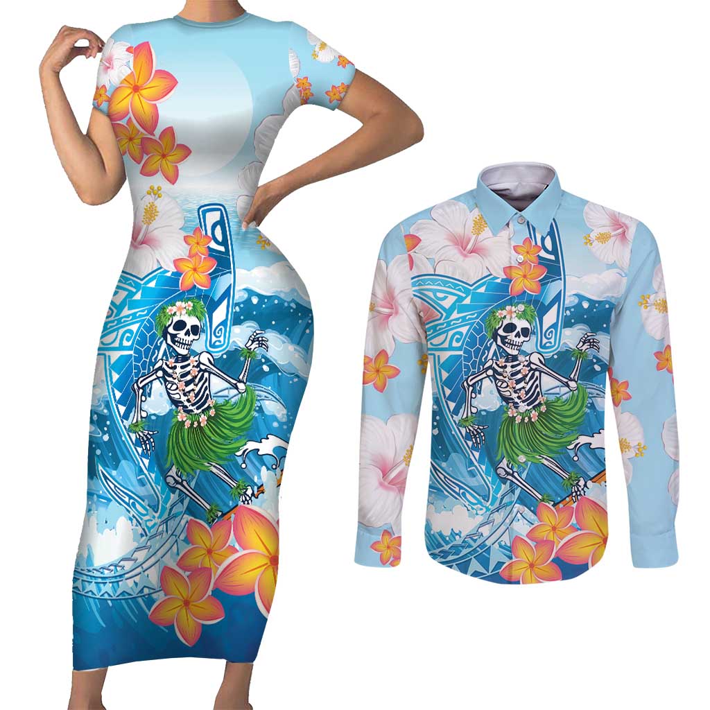 Personalized Hawaii Hula Girl Skeleton Dancing Couples Matching Short Sleeve Bodycon Dress and Long Sleeve Button Shirt Hibiscus Tribal Shark LT01 Blue - Polynesian Pride