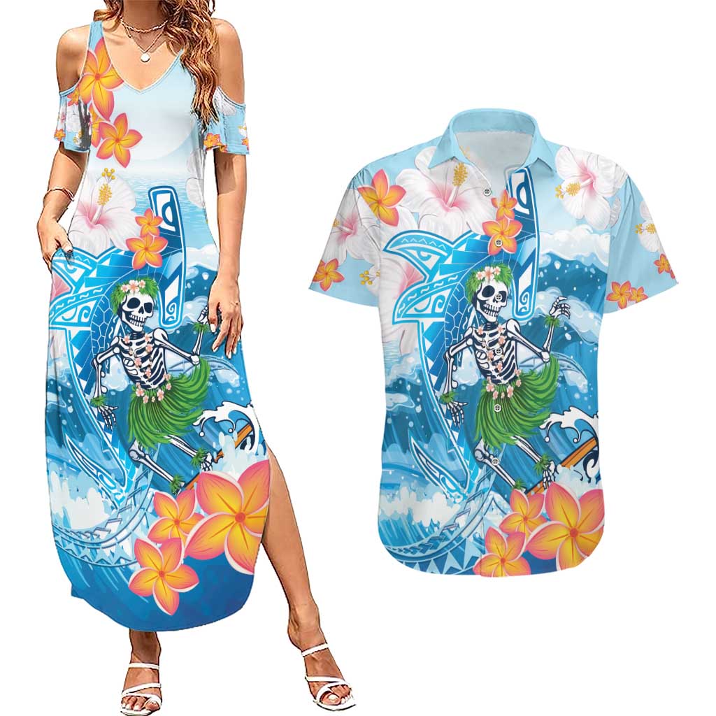 Personalized Hawaii Hula Girl Skeleton Dancing Couples Matching Summer Maxi Dress and Hawaiian Shirt Hibiscus Tribal Shark LT01 Blue - Polynesian Pride