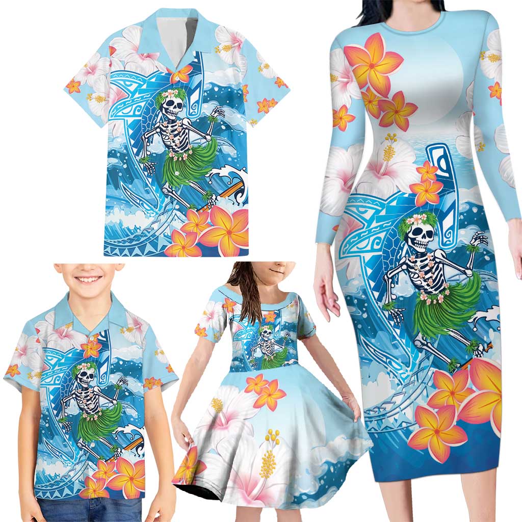 Personalized Hawaii Hula Girl Skeleton Dancing Family Matching Long Sleeve Bodycon Dress and Hawaiian Shirt Hibiscus Tribal Shark LT01 - Polynesian Pride