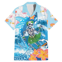 Personalized Hawaii Hula Girl Skeleton Dancing Family Matching Mermaid Dress and Hawaiian Shirt Hibiscus Tribal Shark LT01 Dad's Shirt - Short Sleeve Blue - Polynesian Pride