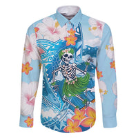 Personalized Hawaii Hula Girl Skeleton Dancing Family Matching Mermaid Dress and Hawaiian Shirt Hibiscus Tribal Shark LT01 Dad's Shirt - Long Sleeve Blue - Polynesian Pride