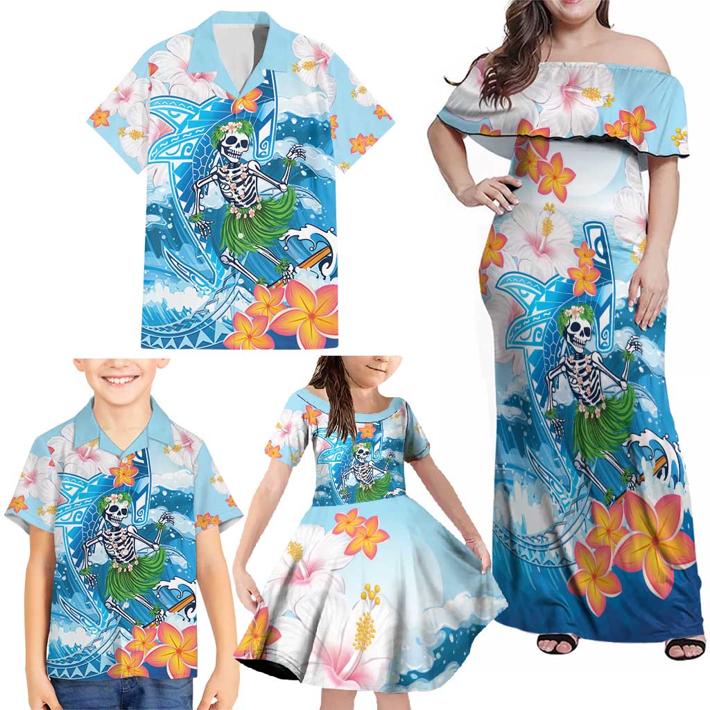 Personalized Hawaii Hula Girl Skeleton Dancing Family Matching Off Shoulder Maxi Dress and Hawaiian Shirt Hibiscus Tribal Shark LT01 - Polynesian Pride