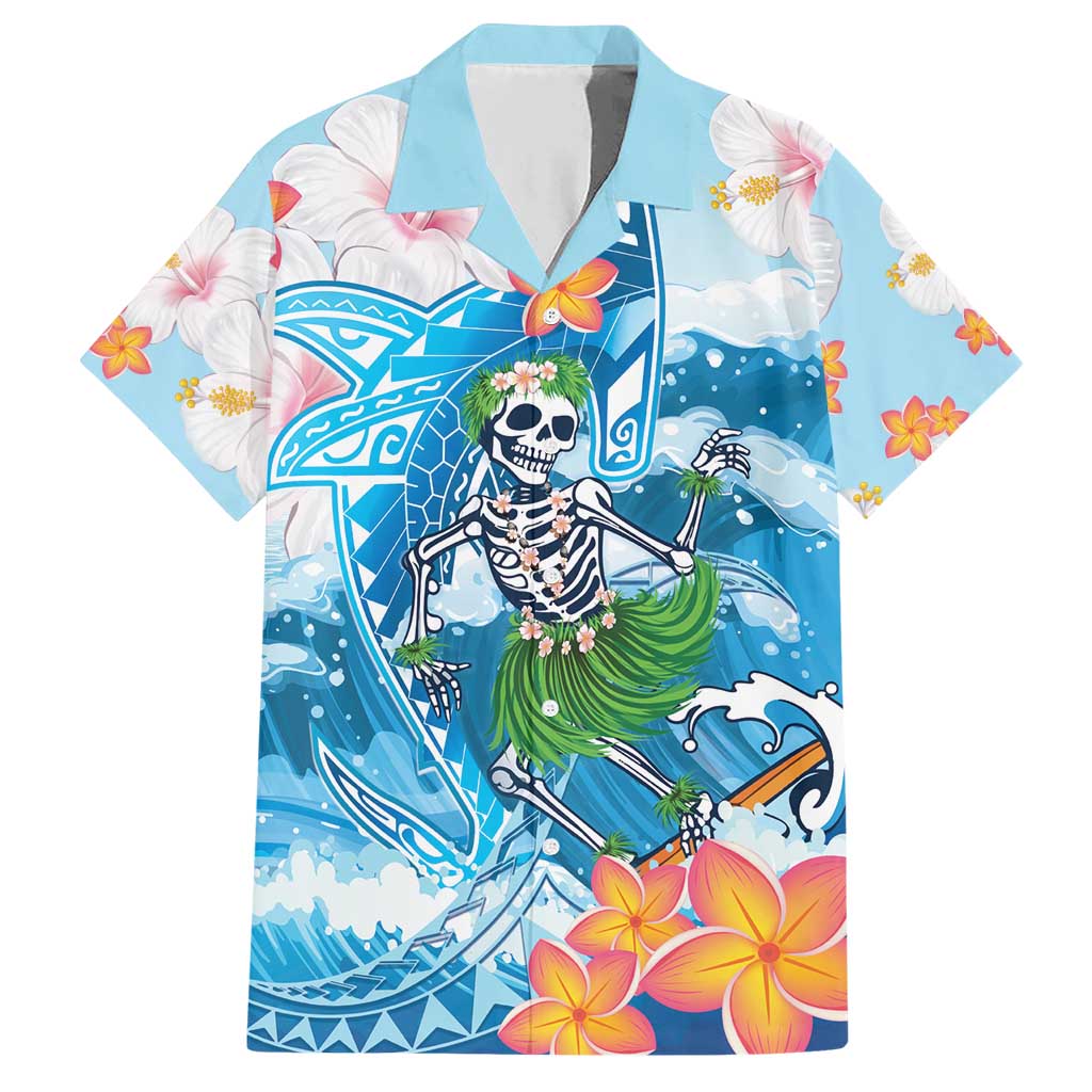 Personalized Hawaii Hula Girl Skeleton Dancing Family Matching Short Sleeve Bodycon Dress and Hawaiian Shirt Hibiscus Tribal Shark LT01 Dad's Shirt - Short Sleeve Blue - Polynesian Pride