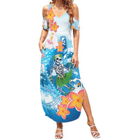 Personalized Hawaii Hula Girl Skeleton Dancing Family Matching Summer Maxi Dress and Hawaiian Shirt Hibiscus Tribal Shark LT01 Mom's Dress Blue - Polynesian Pride