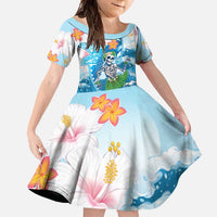 Personalized Hawaii Hula Girl Skeleton Dancing Family Matching Tank Maxi Dress and Hawaiian Shirt Hibiscus Tribal Shark LT01 Daughter's Dress Blue - Polynesian Pride