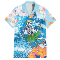 Personalized Hawaii Hula Girl Skeleton Dancing Family Matching Tank Maxi Dress and Hawaiian Shirt Hibiscus Tribal Shark LT01 Dad's Shirt - Short Sleeve Blue - Polynesian Pride
