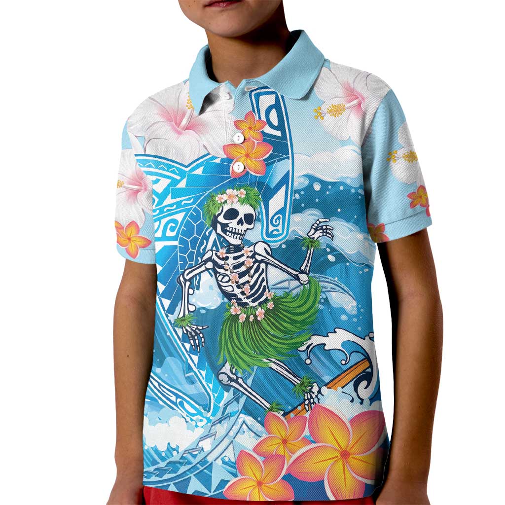 Personalized Hawaii Hula Girl Skeleton Dancing Kid Polo Shirt Hibiscus Tribal Shark