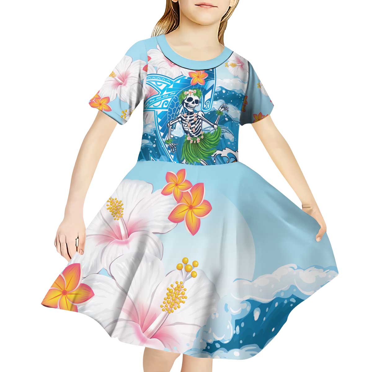 Personalized Hawaii Hula Girl Skeleton Dancing Kid Short Sleeve Dress Hibiscus Tribal Shark
