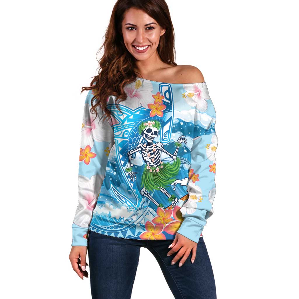 Personalized Hawaii Hula Girl Skeleton Dancing Off Shoulder Sweater Hibiscus Tribal Shark