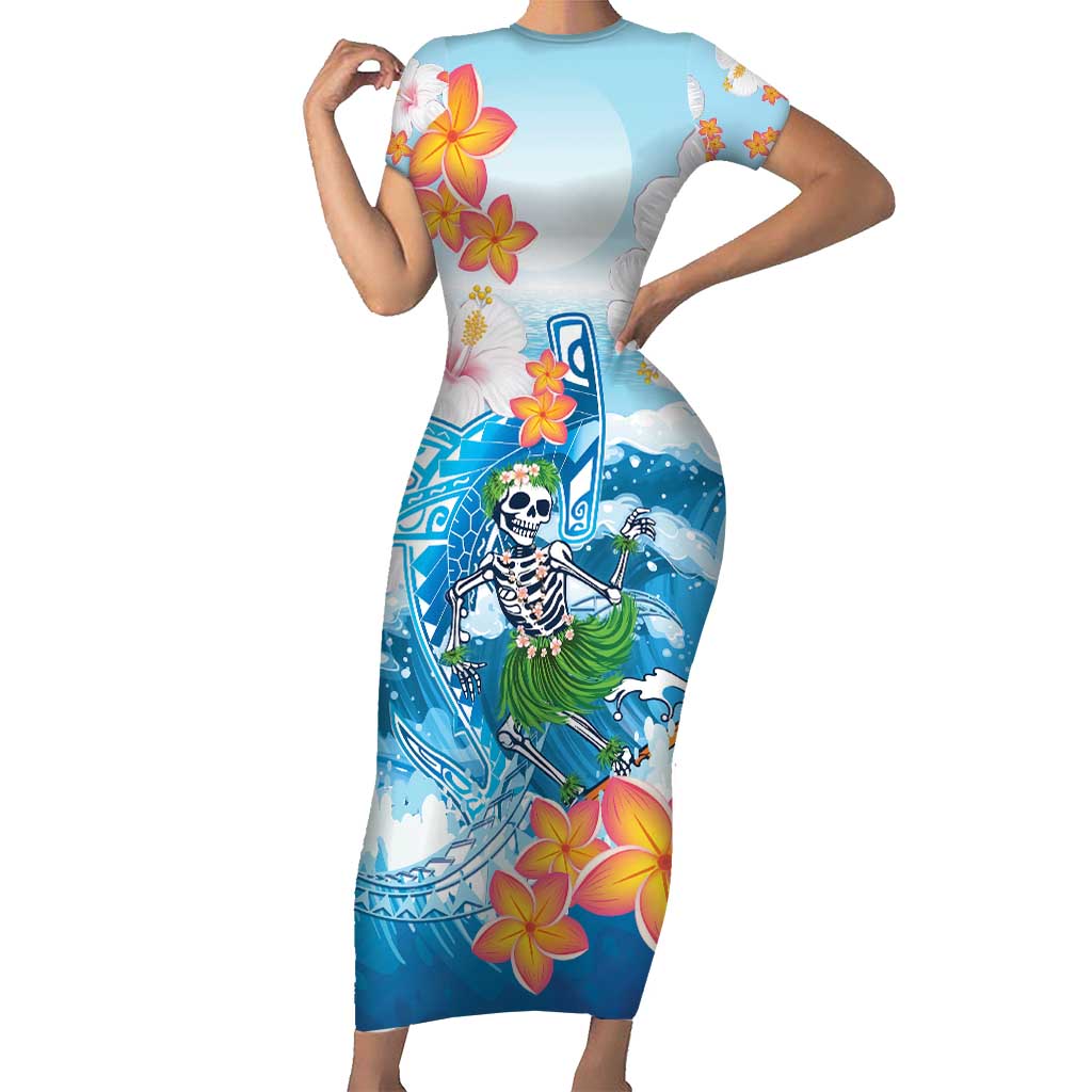 Personalized Hawaii Hula Girl Skeleton Dancing Short Sleeve Bodycon Dress Hibiscus Tribal Shark