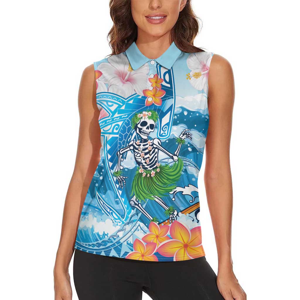 Personalized Hawaii Hula Girl Skeleton Dancing Women Sleeveless Polo Shirt Hibiscus Tribal Shark LT01 - Polynesian Pride