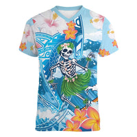 Personalized Hawaii Hula Girl Skeleton Dancing Women V-Neck T-Shirt Hibiscus Tribal Shark LT01 Female Blue - Polynesian Pride