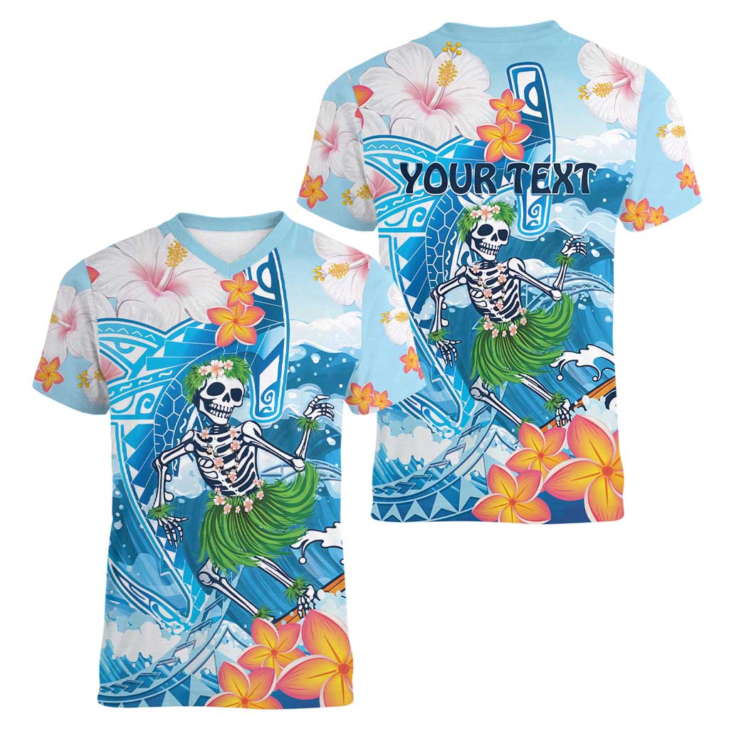 Personalized Hawaii Hula Girl Skeleton Dancing Women V-Neck T-Shirt Hibiscus Tribal Shark LT01 - Polynesian Pride