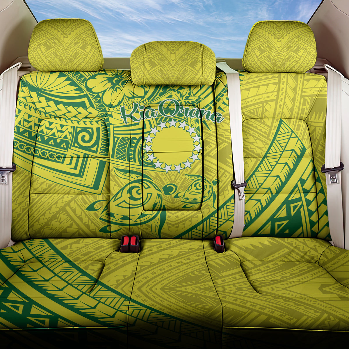 Kia Orana Cook Islands Back Car Seat Cover Turtle Yellow Green Polynesian Pattern LT01