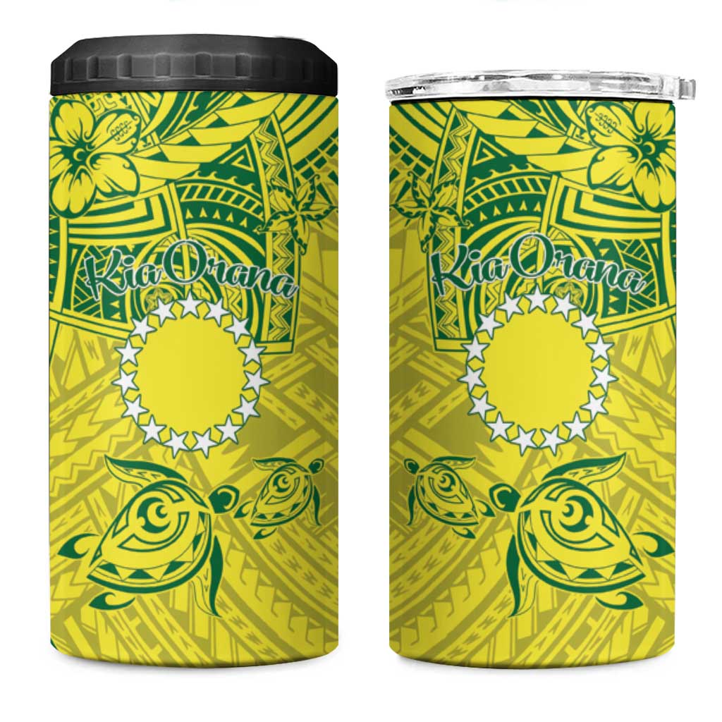Kia Orana Cook Islands 4 in 1 Can Cooler Tumbler Turtle Yellow Green Polynesian Pattern