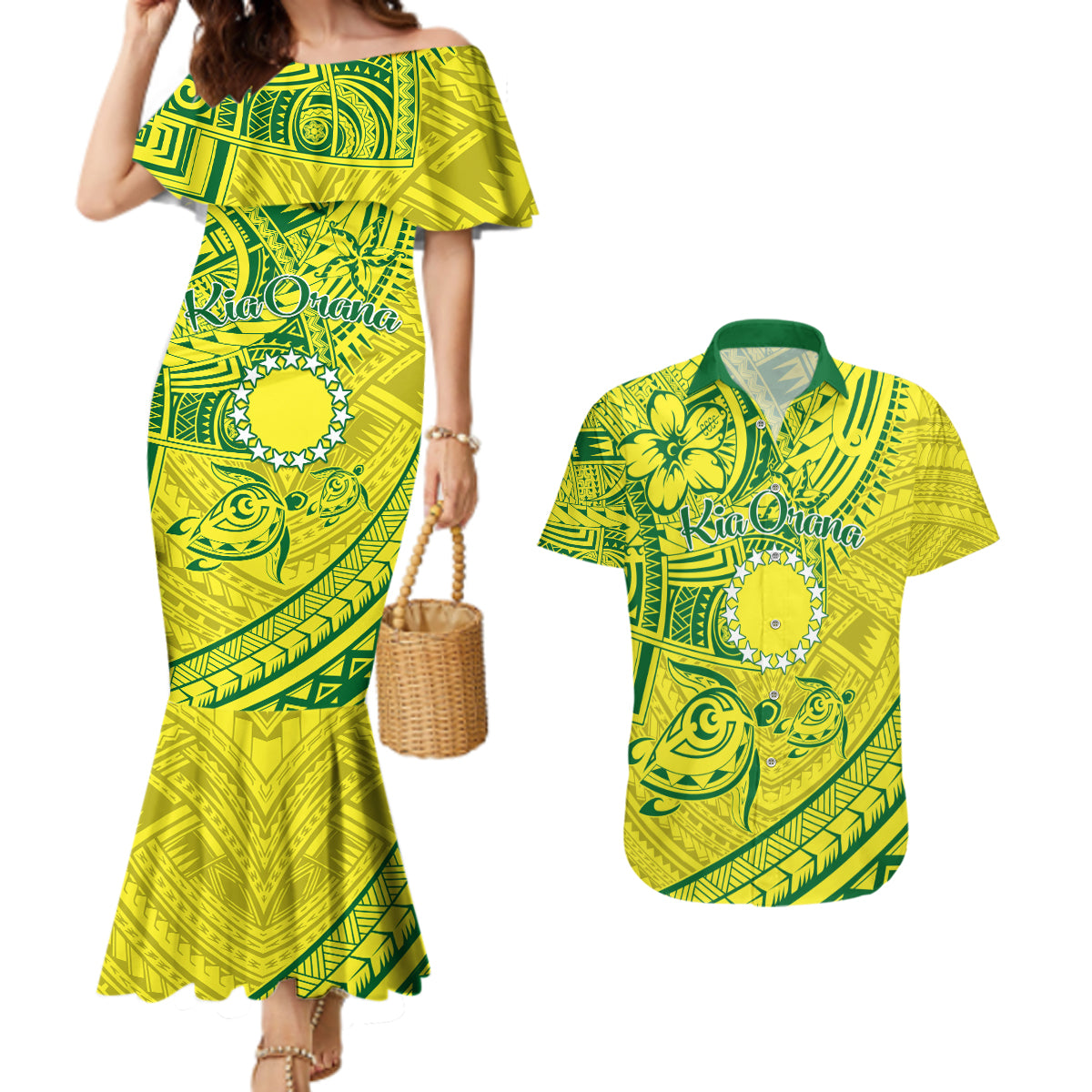 Kia Orana Cook Islands Couples Matching Mermaid Dress and Hawaiian Shirt Turtle Yellow Green Polynesian Pattern LT01 Green - Polynesian Pride