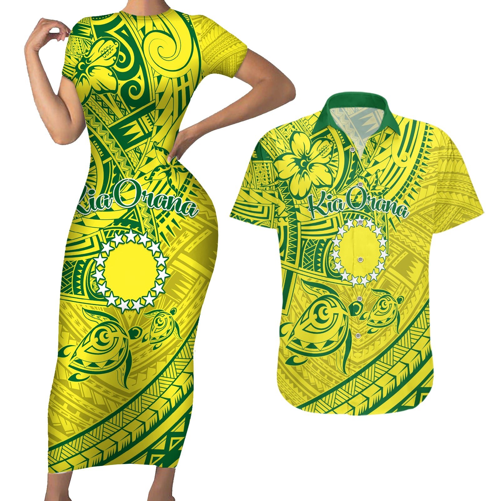 Kia Orana Cook Islands Couples Matching Short Sleeve Bodycon Dress and Hawaiian Shirt Turtle Yellow Green Polynesian Pattern LT01 Green - Polynesian Pride