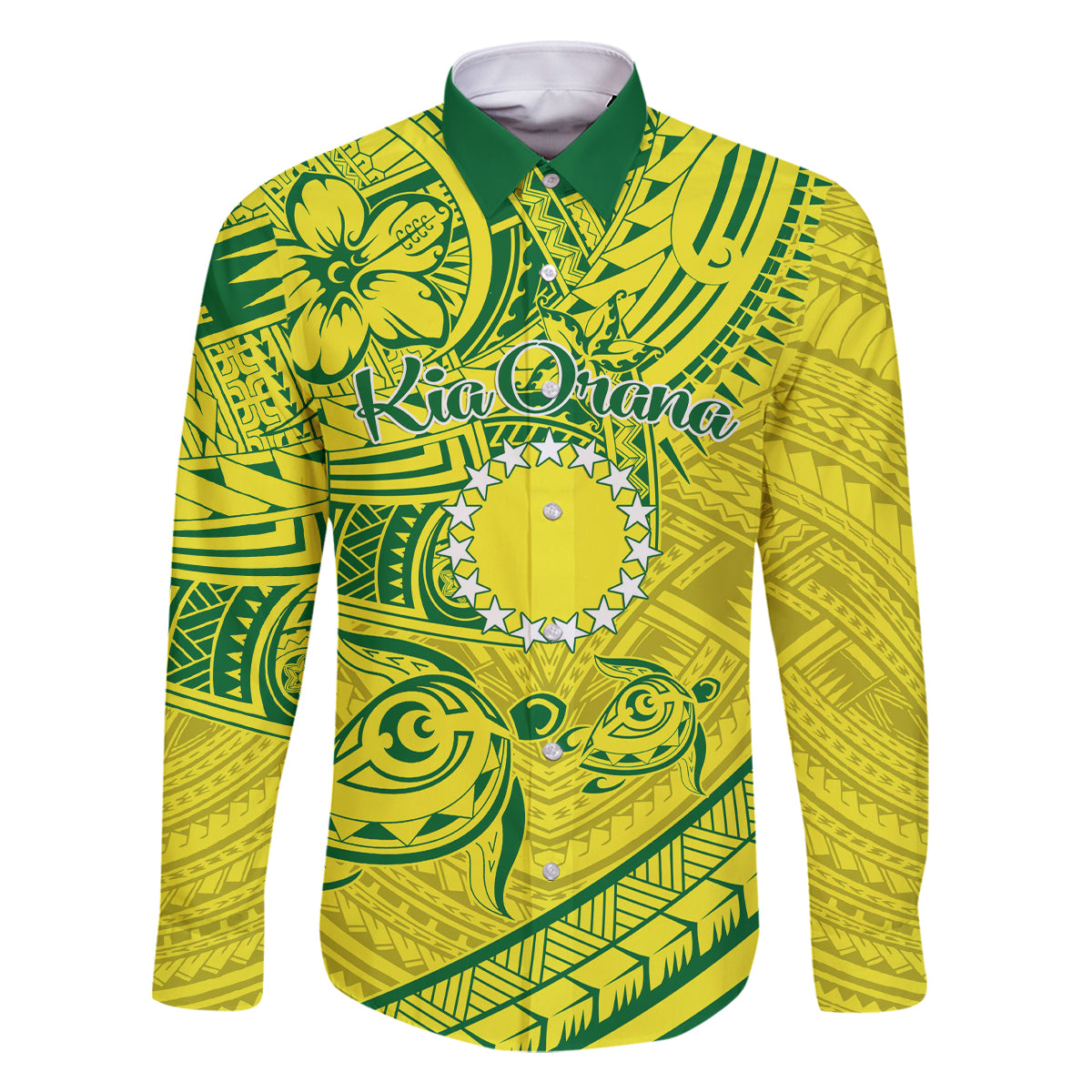 Kia Orana Cook Islands Family Matching Mermaid Dress and Hawaiian Shirt Turtle Yellow Green Polynesian Pattern LT01 Dad's Shirt - Long Sleeve Green - Polynesian Pride