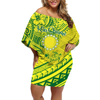 Kia Orana Cook Islands Family Matching Off Shoulder Short Dress and Hawaiian Shirt Turtle Yellow Green Polynesian Pattern LT01 Mom's Dress Green - Polynesian Pride