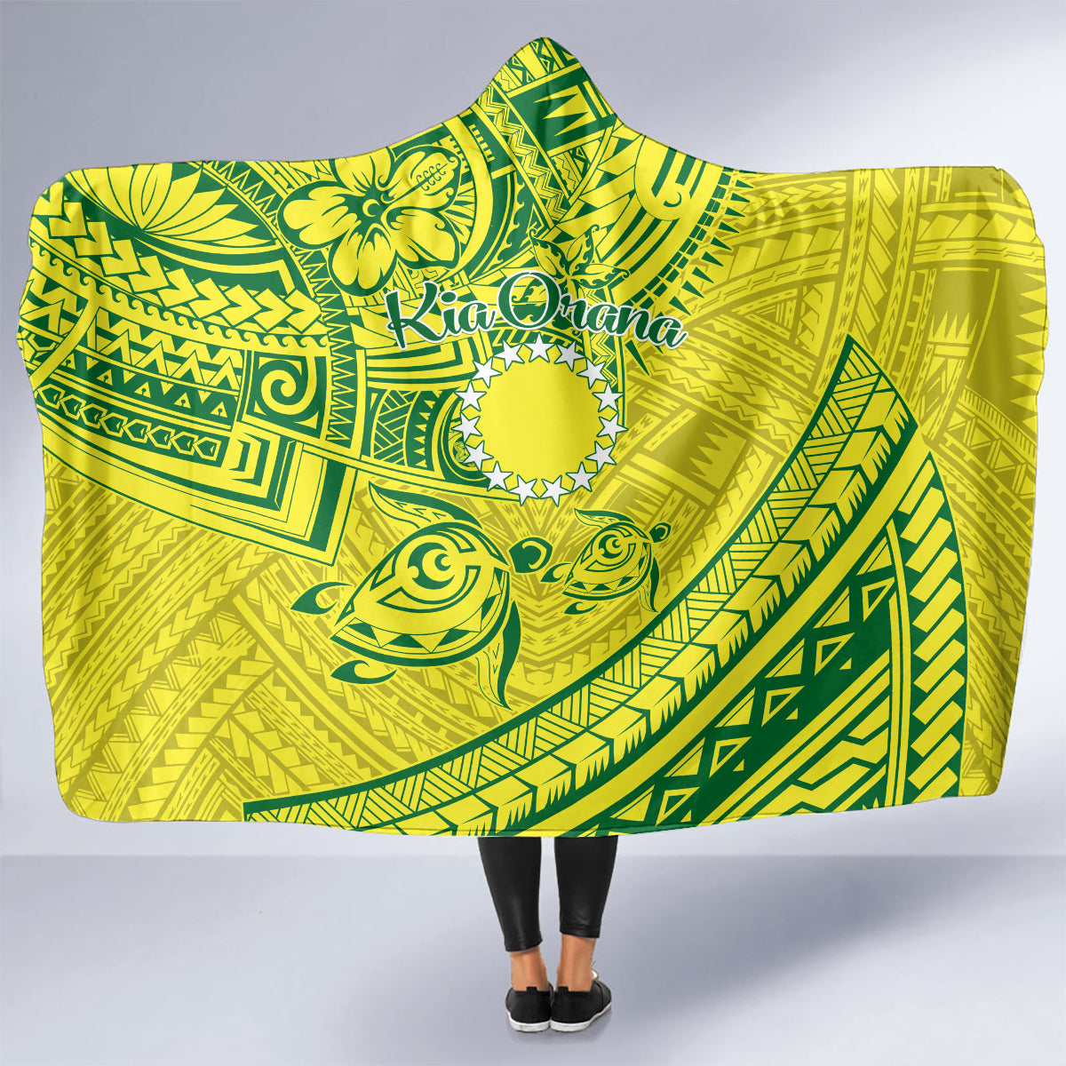 Kia Orana Cook Islands Hooded Blanket Turtle Yellow Green Polynesian Pattern LT01 - Polynesian Pride