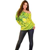 Kia Orana Cook Islands Off Shoulder Sweater Turtle Yellow Green Polynesian Pattern LT01 - Polynesian Pride