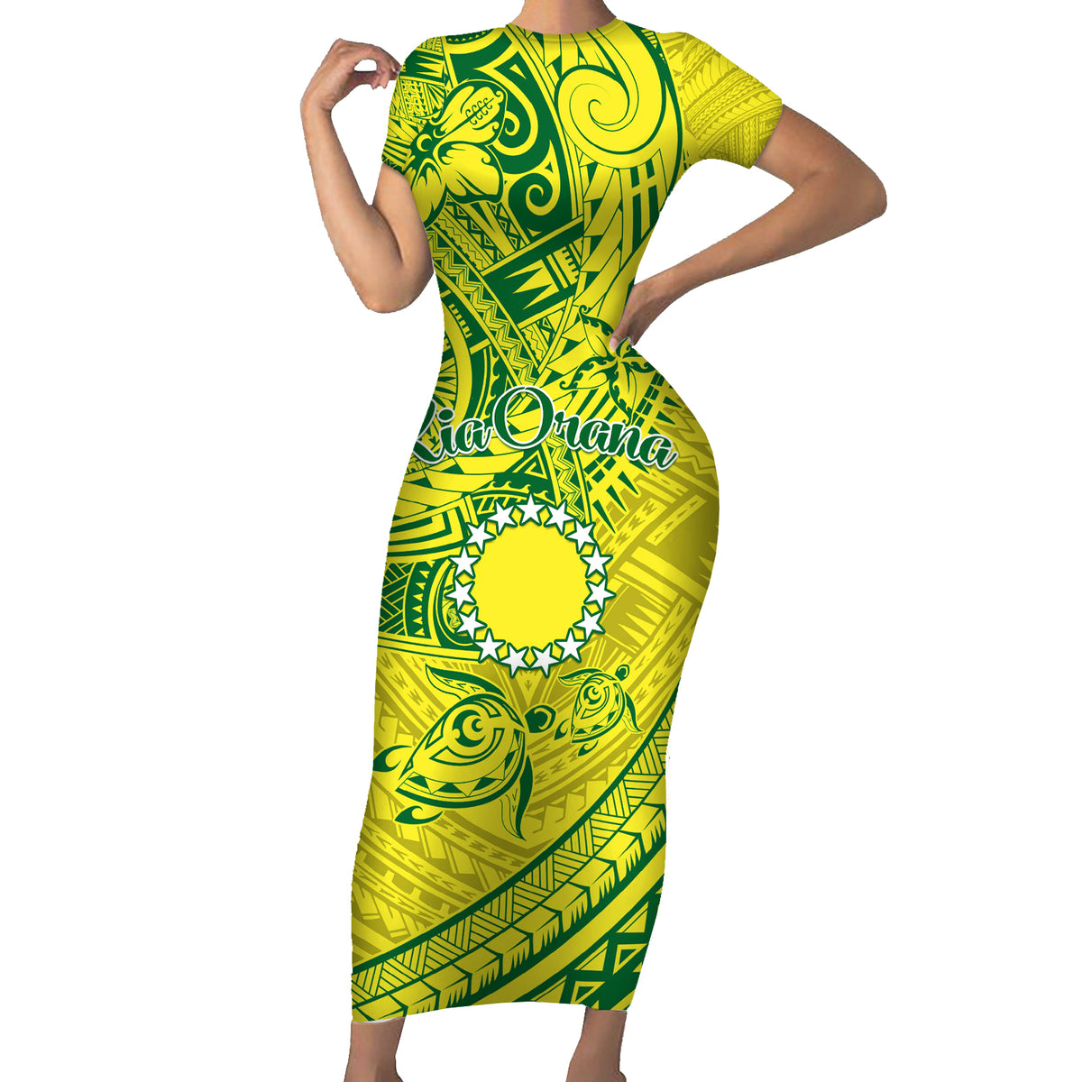Kia Orana Cook Islands Short Sleeve Bodycon Dress Turtle Yellow Green Polynesian Pattern LT01 Long Dress Green - Polynesian Pride