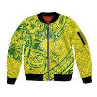 Kia Orana Cook Islands Sleeve Zip Bomber Jacket Turtle Yellow Green Polynesian Pattern LT01 Unisex Green - Polynesian Pride