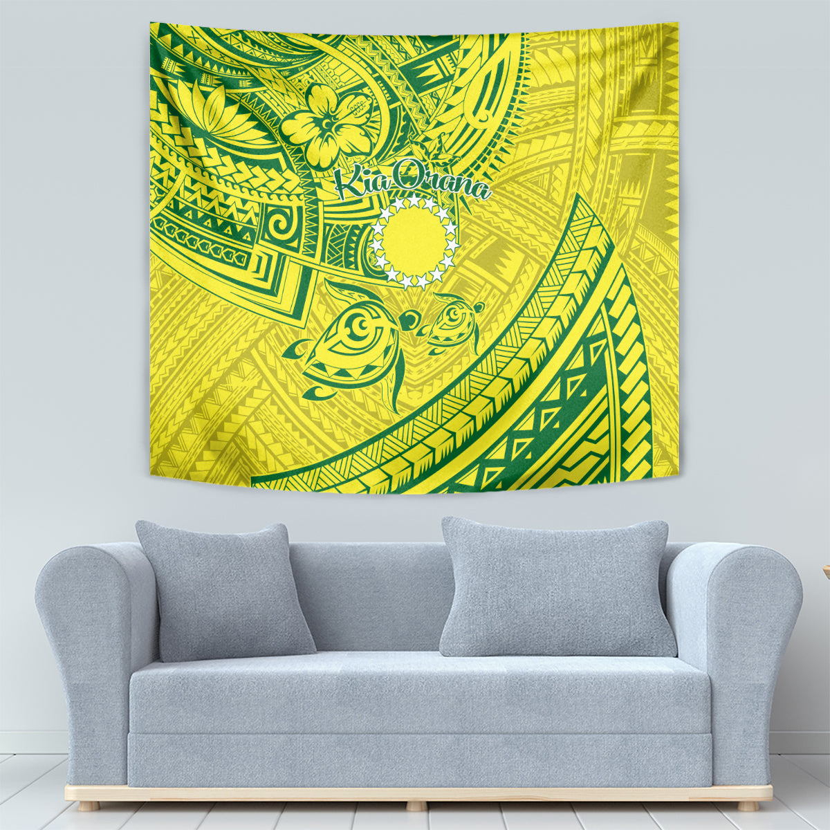 Kia Orana Cook Islands Tapestry Turtle Yellow Green Polynesian Pattern LT01 - Polynesian Pride