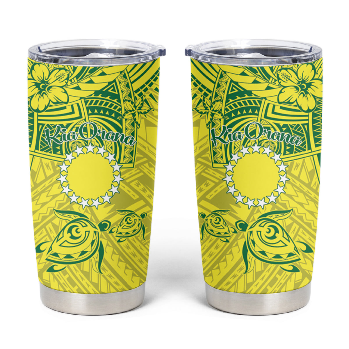 Kia Orana Cook Islands Tumbler Cup Turtle Yellow Green Polynesian Pattern