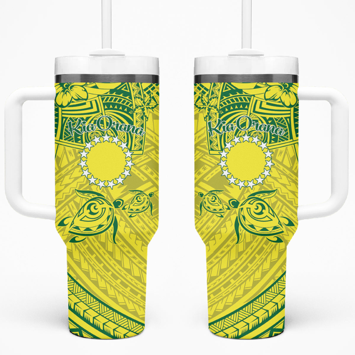 Kia Orana Cook Islands Tumbler With Handle Turtle Yellow Green Polynesian Pattern