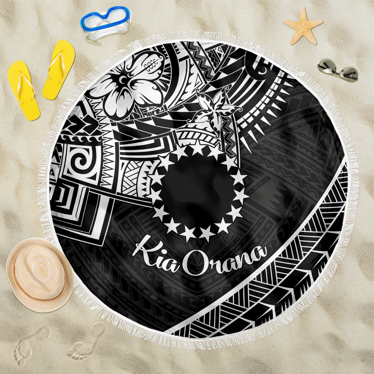 Kia Orana Cook Islands Beach Blanket Circle Stars With Floral White Pattern LT01 One Size 150cm Black - Polynesian Pride