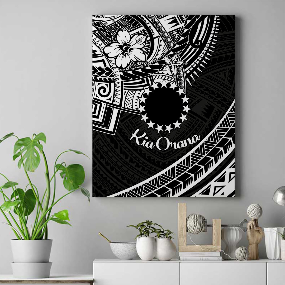 Kia Orana Cook Islands Canvas Wall Art Circle Stars With Floral White Pattern LT01 Black - Polynesian Pride