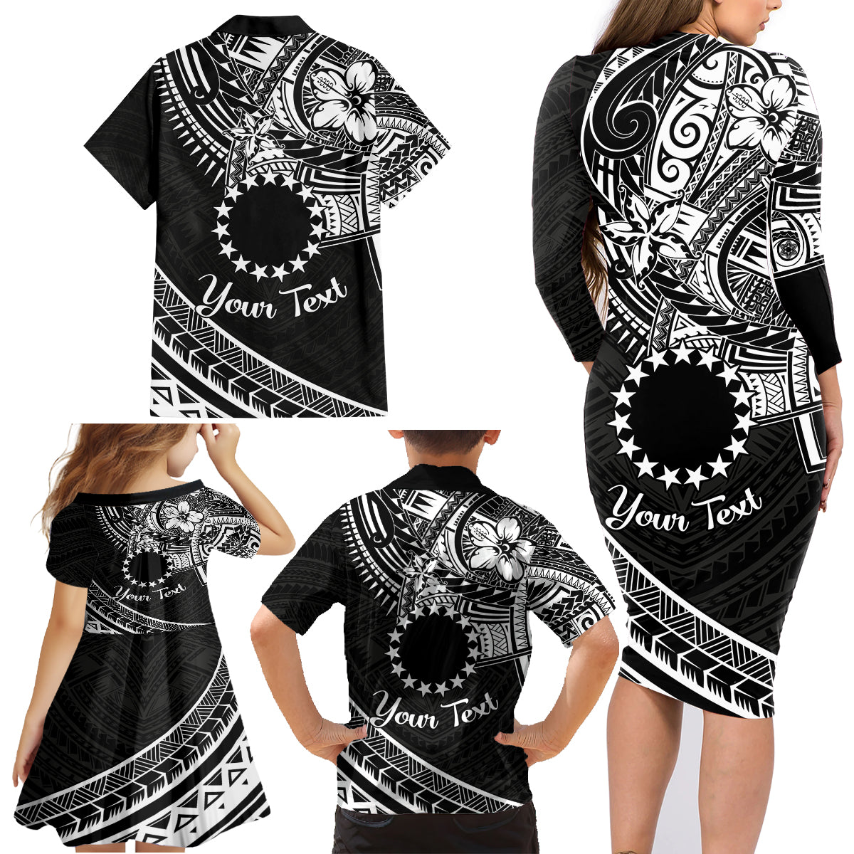 Kia Orana Cook Islands Family Matching Long Sleeve Bodycon Dress and Hawaiian Shirt Circle Stars With Floral White Pattern LT01 - Polynesian Pride